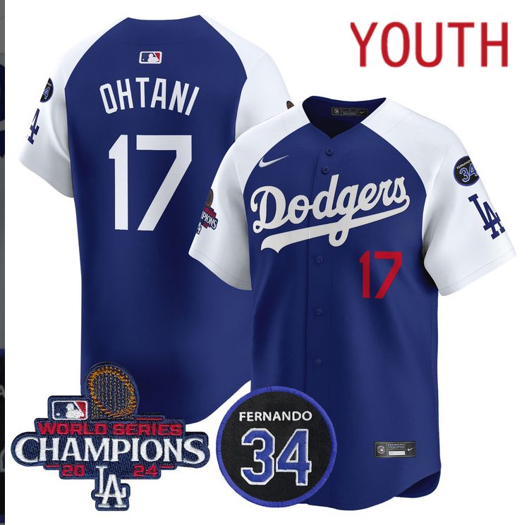 Youth MLB Los Angeles Dodgers #17 Ohtani blue 2024 World Series Champions Patch Limited Jersey->youth mlb jersey->Youth Jersey